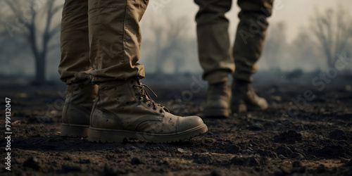 A soldier's boots are standing on the scorched earth after military operations. photo