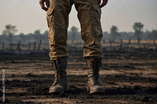 A soldier's boots are standing on the scorched earth after military operations.