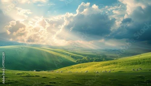 A panoramic landscape of rolling green hills dotted with sheep grazing under a cloudy sky with shafts of sunlight breaking through 