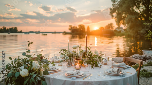 Elegant and select restaurant table Wine Glass and appetizers, on the bar table Soft light and romantic atmosphere dinner wedding service menue on lakeside