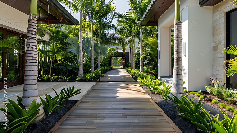 tropical front yard with palm trees and wooden pathway tropical front yard with palm trees and wooden pathway