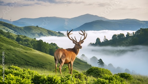 The Monarch's Gaze: A Regal Stag Overlooking a Mist-Covered Glen