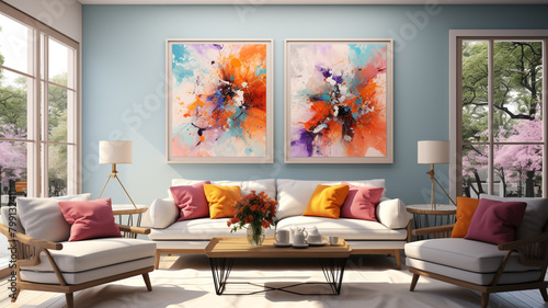 A cozy living room adorned with two large paintings on the wall. ️️