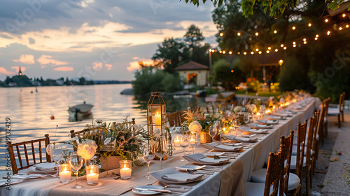Elegant and select restaurant table Wine Glass and appetizers, on the bar table Soft light and romantic atmosphere dinner wedding service menue on lakeside