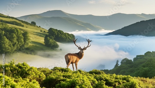The Monarch's Gaze: A Regal Stag Overlooking a Mist-Covered Glen