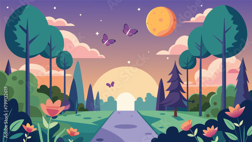 As the day comes to a close the garden becomes a haven for fluttering butterflies their gentle whispers signaling the end of another peaceful day.. Vector illustration