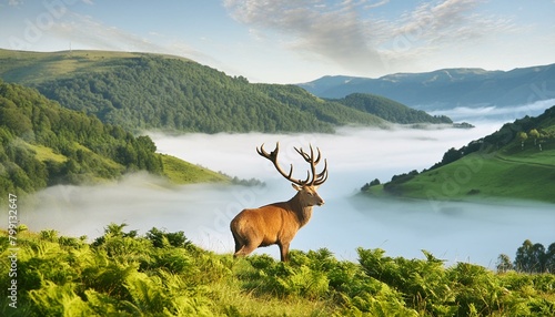 The Monarch's Gaze: A Regal Stag Overlooking a Mist-Covered Glen photo