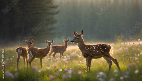 Enchanted Morning with Deer in Misty Meadow, Generative AI © Brianna