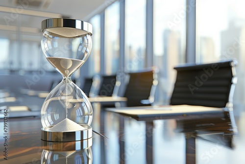 Notebook, hourglass and pencil holder on table indoors. Business meeting in conference hall 