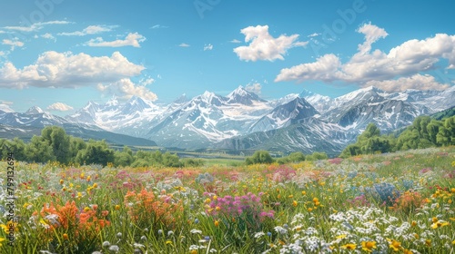 A panoramic vista of a wildflower meadow bursting with vibrant colors  stretching towards snowcapped mountains in the distance under a clear blue sky 