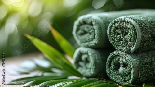 This high-resolution image shows towels and green bamboo being treated at a spa.