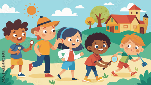Children giggling with excitement as they search for clues and historical artifacts participating in a scavenger hunt around the neighborhood.