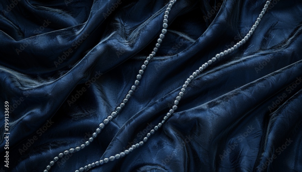 Fototapeta premium A photorealistic close up of deep navy blue velvet fabric, plush and wrinkle free, with a single diamond necklace draped across it