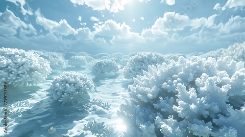 A photorealistic depiction of a mass coral bleaching event, with once vibrant coral reefs turned stark white  photo