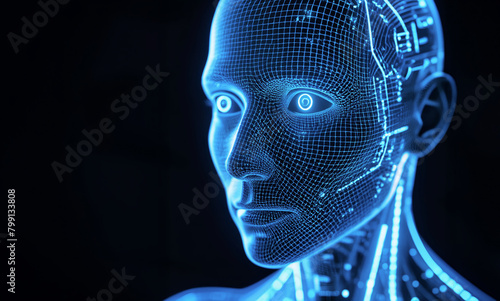 illustrazione di volto umanoide costituito da un reticolo luminoso photo