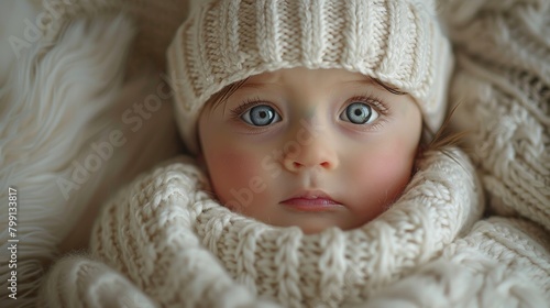 Cute little baby wearing a white hat looks into the camera.