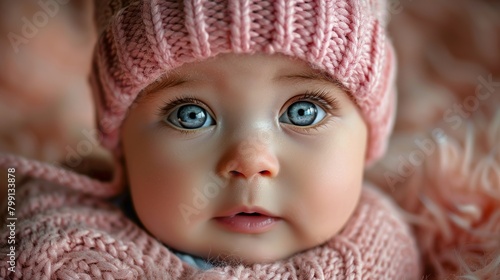 Cute baby girl in a pink knitted hat. Adoption or parenting concept.