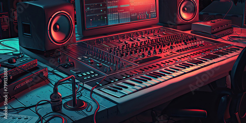 Close-up of a music producer's desk with mixing consoles and recording equipment, symbolizing a job in music production