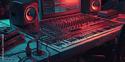 Close-up of a music producer's desk with mixing consoles and recording equipment, symbolizing a job in music production photo
