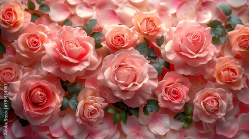 A bouquet of beautiful pink roses and petals in top view with a background of flowers.