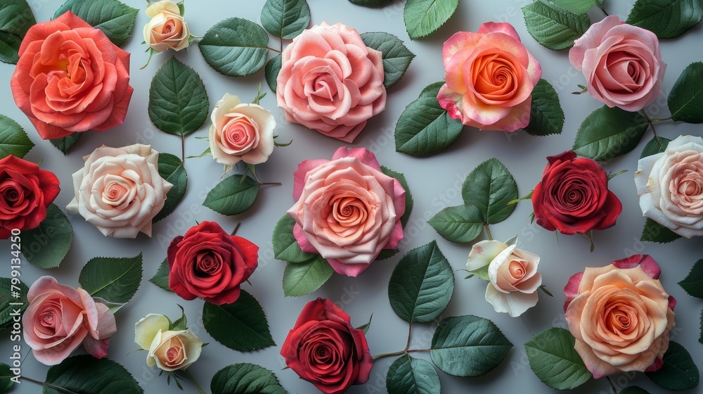 Rose heads on white background, flowers and leaves scattered on the table. Flat lay, top view. Nice border.