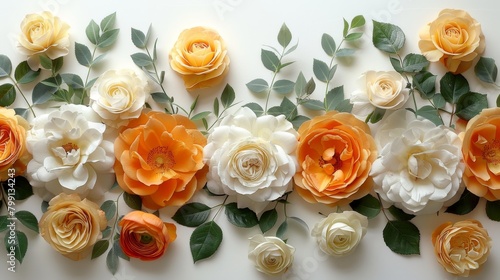 White and yellow bright roses on white background. Flat lay flowers. Frame wreath. Top view.