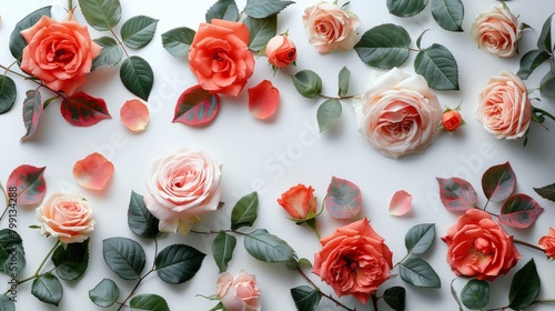 An overhead view of a table with various rose heads and leaves. A flat lay, top view, with a nice border around it.