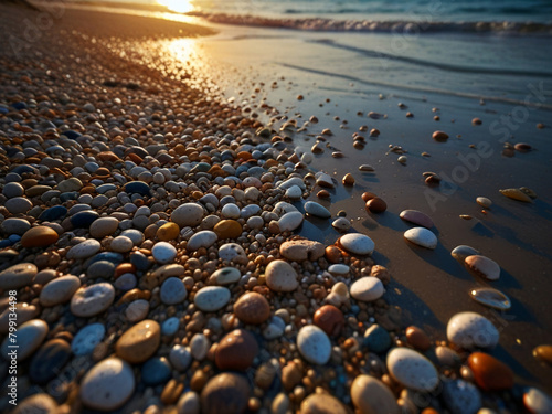 stones near the shore, pebbles, background, AI generated photo