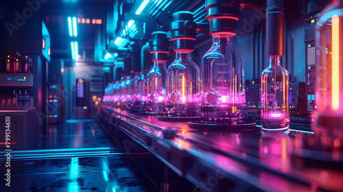 Advanced scientific research concept with test tubes filled with glowing orange liquid on a high-tech laboratory backdrop.
