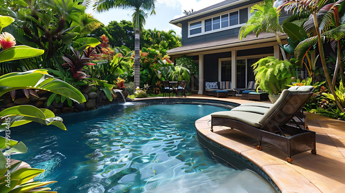 tropical front yard with swimming pool surrounded by palm trees, featuring a brown chair, blue and