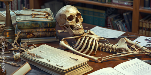 Close-up of a forensic anthropologist's desk with skeletal remains and forensic anthropology textbooks, representing a job in forensic anthropology photo