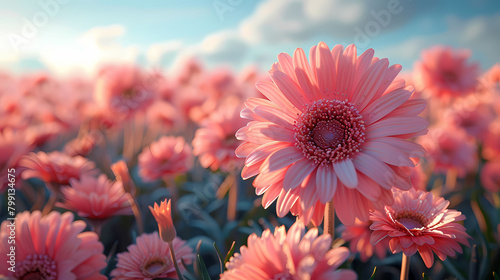 Warm sunlight bathes a vibrant field of pink gerbera daisies against a soft blue sky backdrop. 