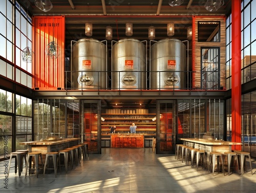 A large, open space with a lot of seating and a bar. The bar is surrounded by three large tanks, which are likely used for brewing beer. The space has a rustic, industrial feel to it