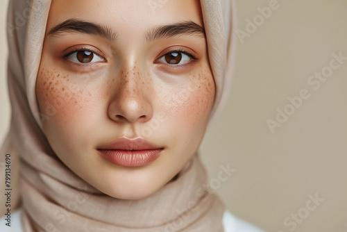 Arafed woman with a scarf on her head and a white shirt . Generated AI