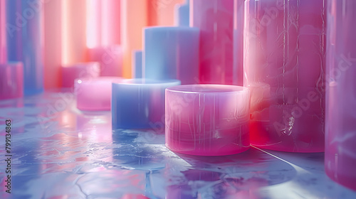 A magical display of cylindrical columns bathed in ethereal pink and blue lights, casting soft glows on a reflective surface.
