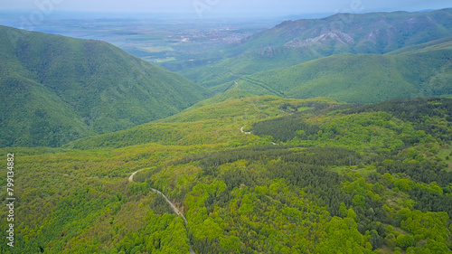Dirt roads in the forests amidst the mountains seen from above. Aerial photo taken from a drone.