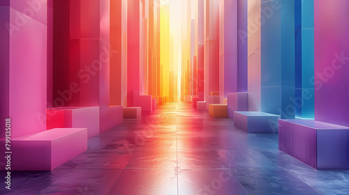 A vibrant and long corridor illuminated by a gradient of colorful lights, blending pink, orange, and blue hues in a modern setting. 