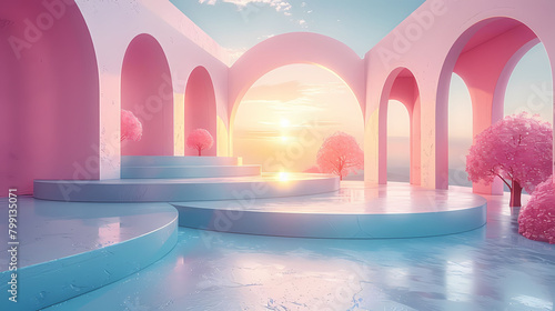 A serene sunset horizon viewed from a pastel blue and pink portico with arches  accompanied by soft tree silhouettes in a dreamy setting. 