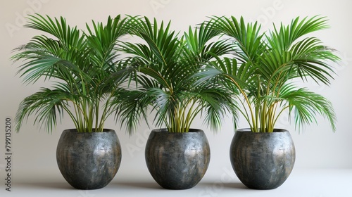 Houseplant isolated on white background with a grey Kentia Palm Tree in a pot photo