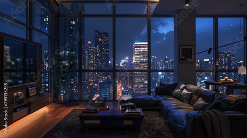 cozy apartment living room at night, dime lights, city view, 16:9 photo