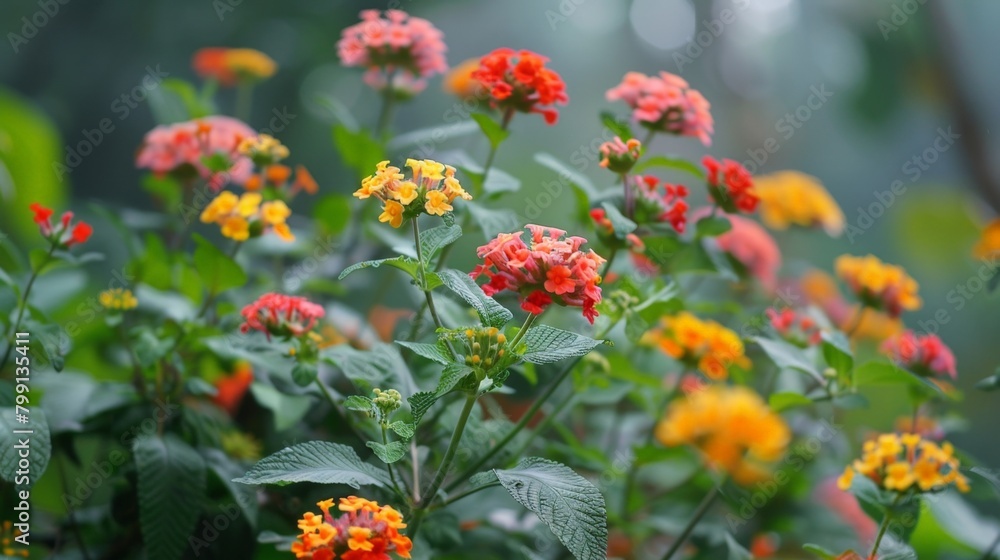 Closeup of vibrant flowers with green foliage Closeup of vibrant flowers with green foliage