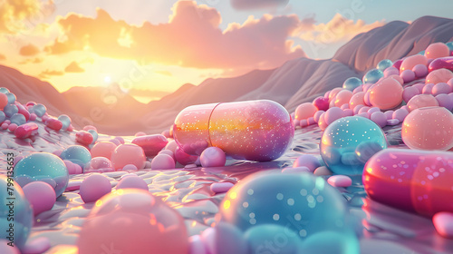Surreal candy hills gently dip into sparkling, serene waters under a warm, radiant sunset sky. 