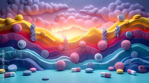 A surreal landscape with medicinal pills and capsules strewn across colorful wavy terrain under a vibrant sunrise sky. 