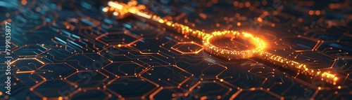 A single glowing key hovering over a vast network of interconnected nodes, symbolizing secure access and control within a blockchain system  photo