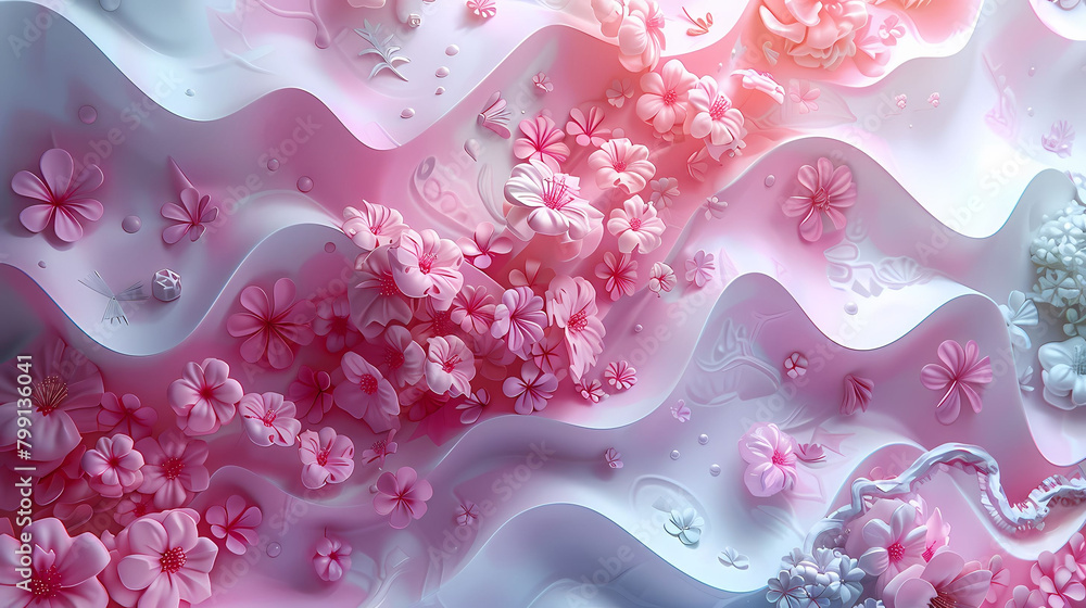 Delicate cherry blossoms are scattered across a dreamlike canvas of soft pink waves, creating a serene and poetic visual symphony.

