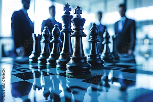 Silhouettes of business executives focusing on a strategic game of chess, reflecting strategic planning and decision-making.