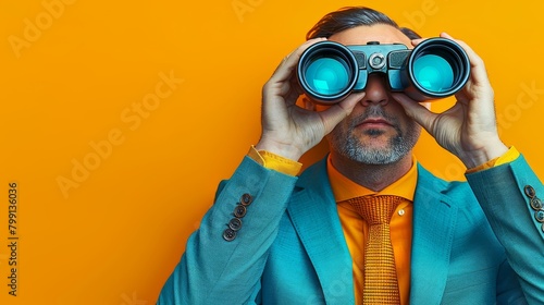 Recruiting or finding career opportunities concept, businessman HR can look through binoculars to find candidate people from searching for candidates. photo