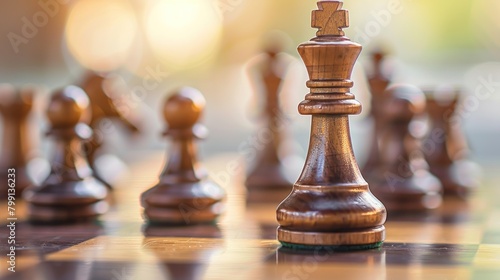 Close-up of wooden chess pieces strategically placed on a classic chessboard, capturing the essence of the strategic game.