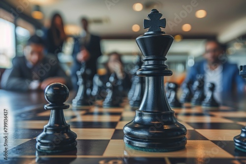 Close-up of wooden chess pieces strategically placed on a classic chessboard, capturing the essence of the strategic game.