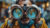 A smart businessman with binoculars opens the globe looking for a future vision of world economic growth through business, work or investment.